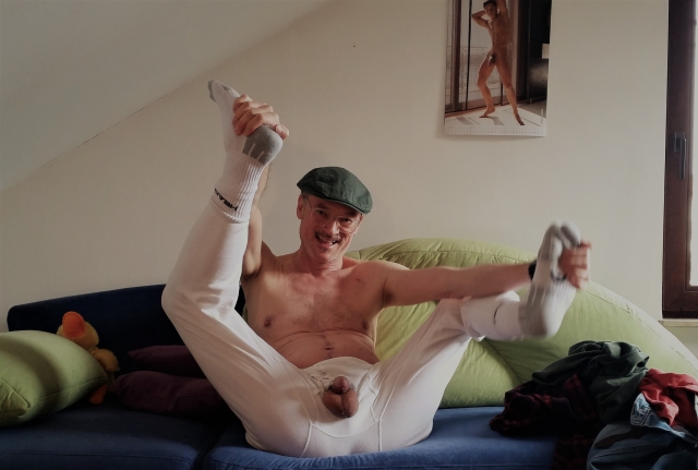 Berndis Balls and cock out of long Johns underwear