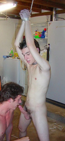 Bound boy gets sucked his boner