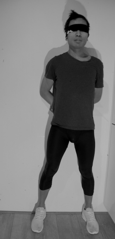 boy in lycra blindfolded