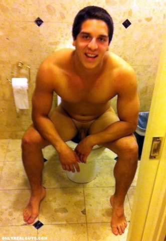 Buff college guy caught stark naked on the toilet