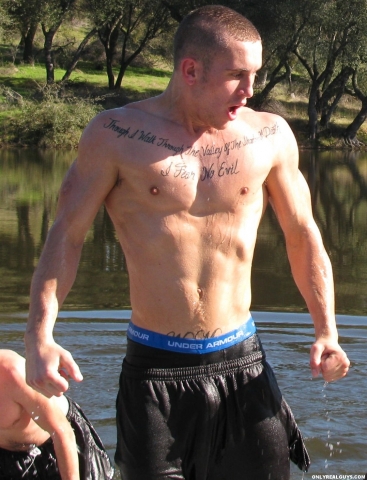 Muscular guy wet, shirtless & saggin...Underarmour undies & BULGE showing...